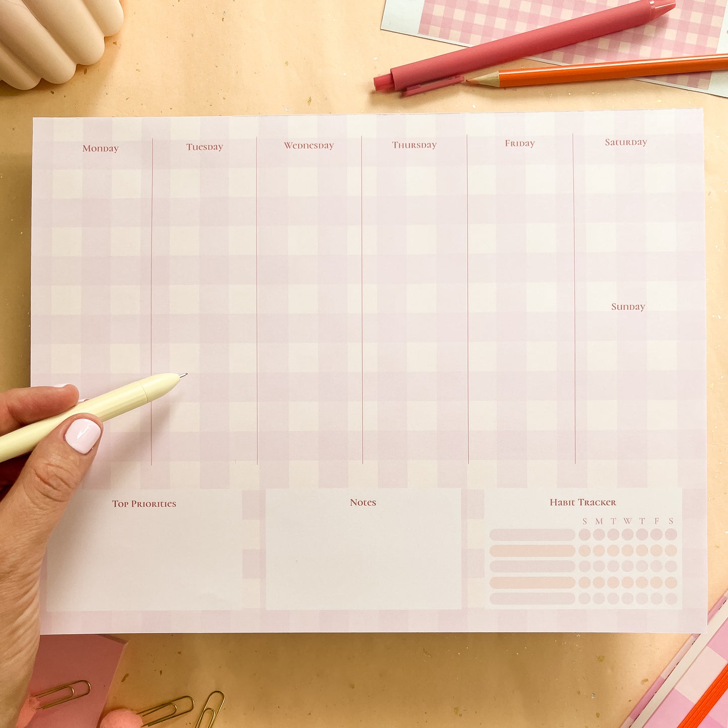 Berry Gingham Weekly Planner Notepad - letter size